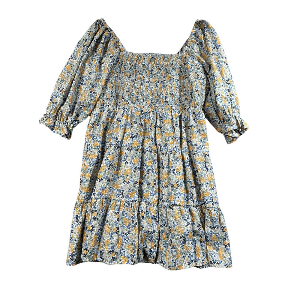 NWT New Arula Floral Puff Sleeve Tiered Smocked Dress Size B 2X Blue Multi Short